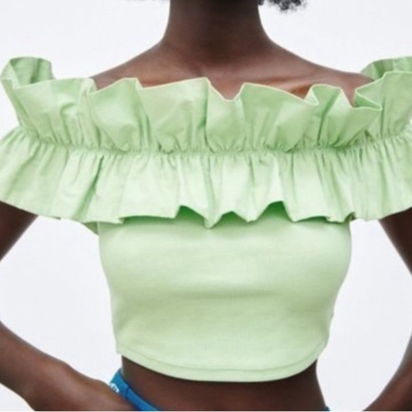 Zara Off the Shoulder light green Crop Top size L 326 - Picture 4 of 8